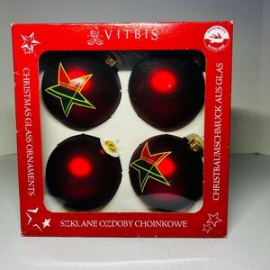Christmas Ornaments Red Ball Plaid Stars Vitbis Handmade In Poland Set Of 4